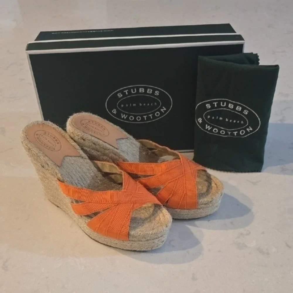 Stubbs & Wootton Orange Grosgrain Espadrille Wedge Sandals Palm Beach Slides